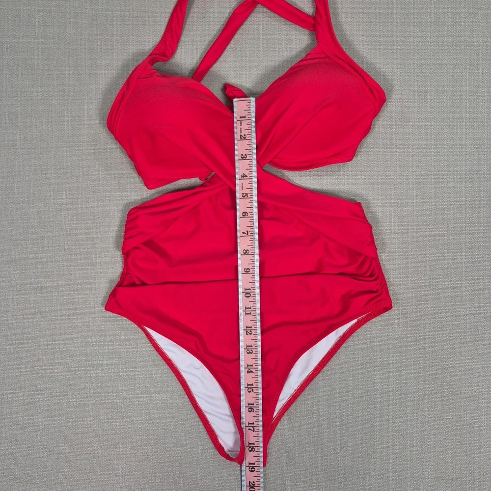 Red One Piece Cutout Monokini Ruched Wrap Halter Swimsuit Size Medium